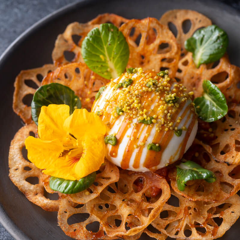 Burrata Chaat, Crispy Lotus and Tomato Chutney