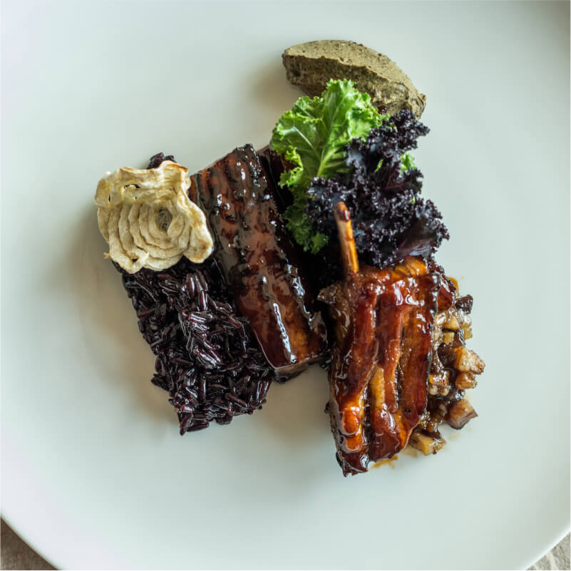 Timur Spice Glazed Pork Belly, Hempseed Dip