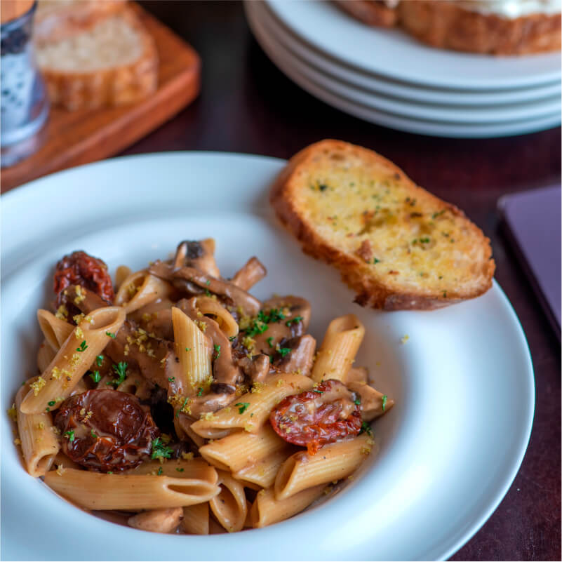 Penne in Brown Bechamel, Shitake and Button Mushrooms