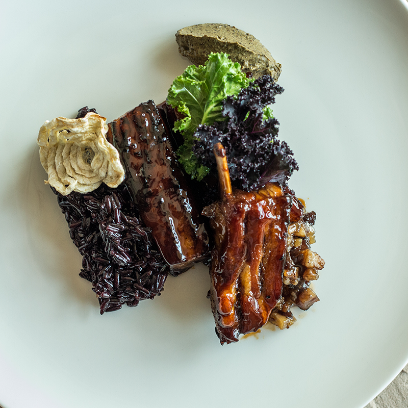 Timur Glazed Pork Belly with Black Rice and Hemp Seed