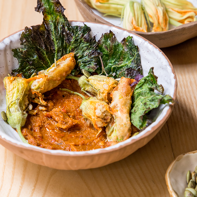 Pumpkin Flowers stuffed with Prosso Millet, Pumpkin Dip