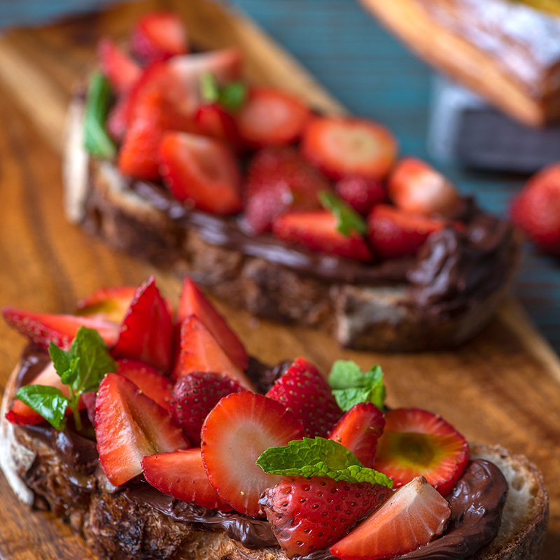 Fresh Strawberries and Mint over Salted Dark Chocolate 